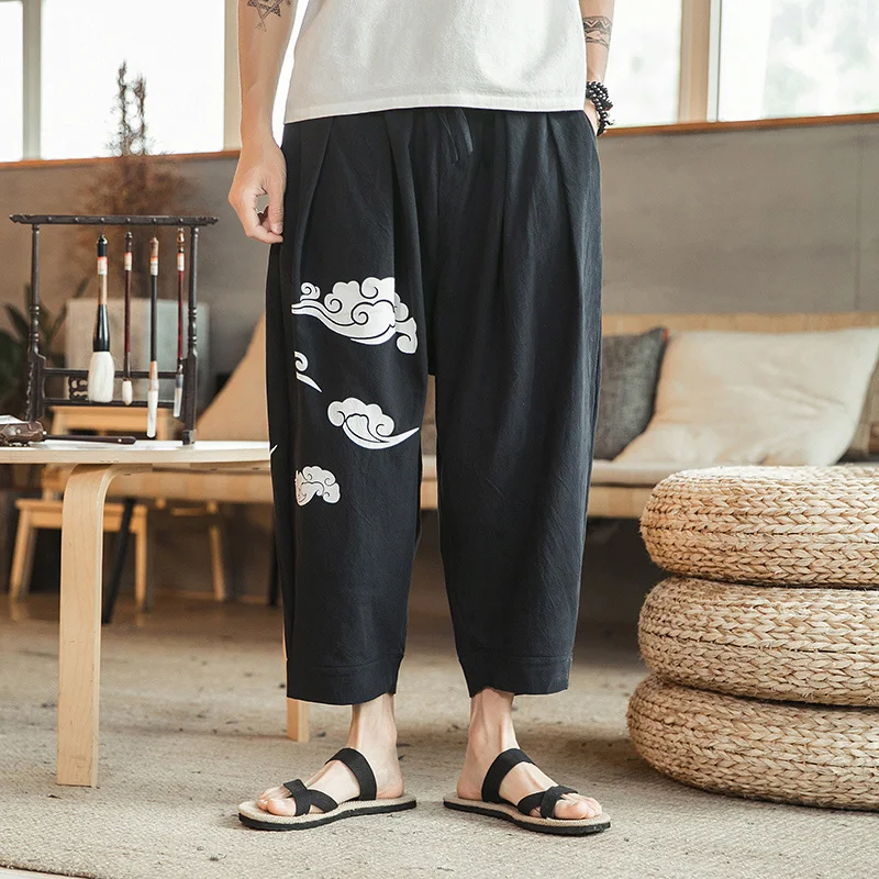 

Summer new men's casual pants printed cotton and linen wide-leg pants men's straight loose Ankle-length pants large size 5Xl