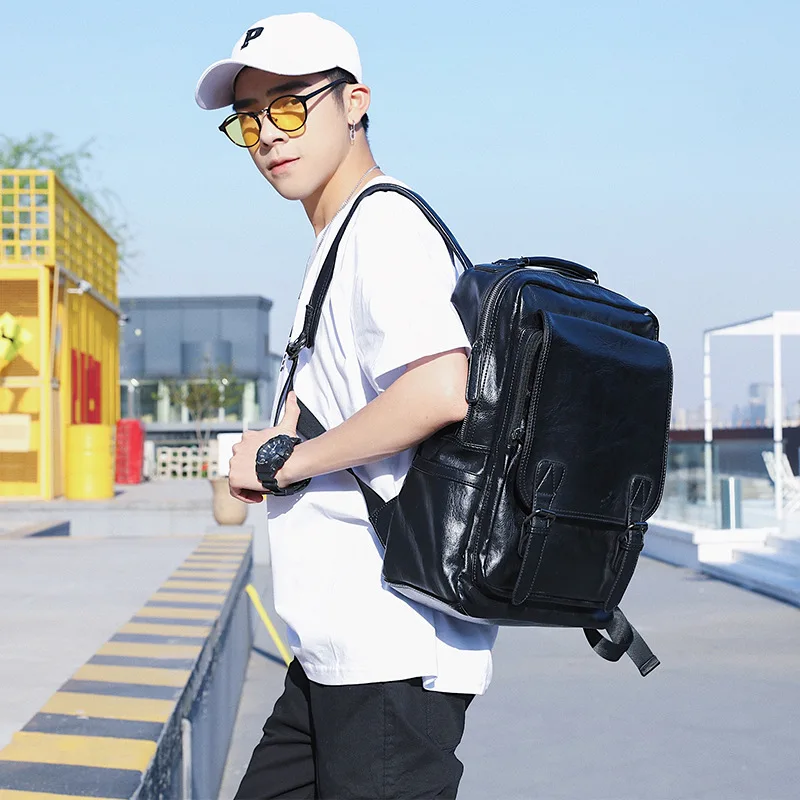 

USB Charging Men's Backpack PU Leather Male Business Travel Laptop Bagpack Casual Large Capacity Teenager School Bags Daypack