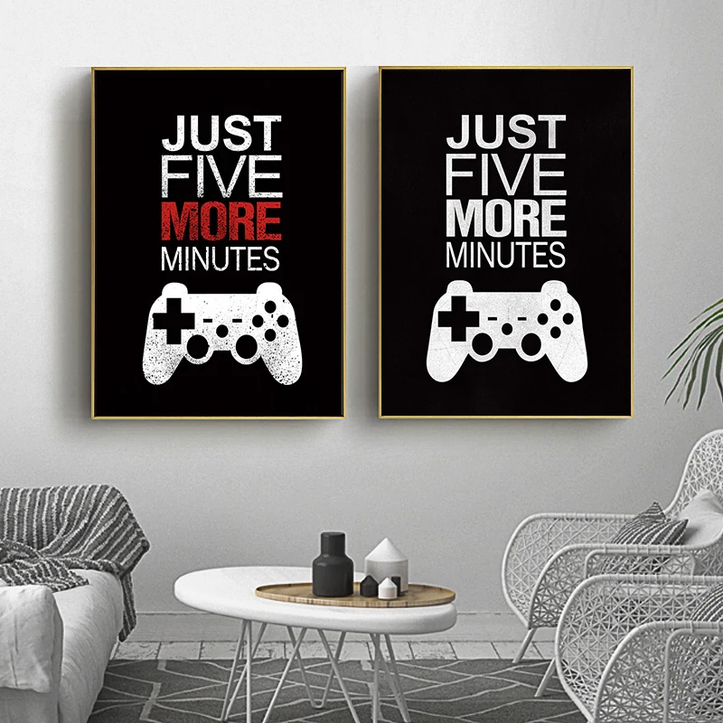 

Gamer Joystick Symbols Game Controller Just Five More Minutes Poster and Print Canvas Painting Wall Art Picture for Living Room