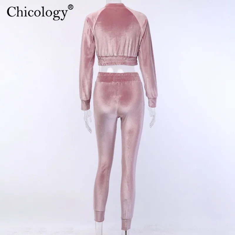 

Chicology velvet tracksuit 2 two piece matching set long sleeve crop top high waist pants 2019 autumn winter women clothes