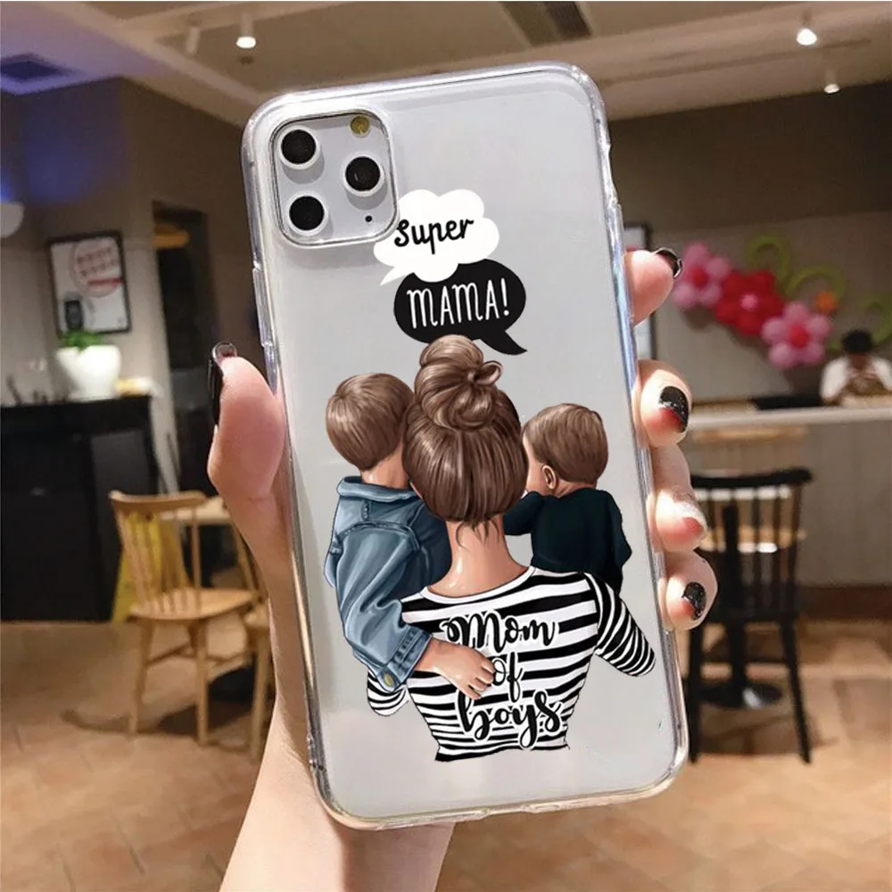 

Fashion Black Brown Hair Baby Mom Girl Son Phone Case For iPhone 12mini 12 11 ProMax XS MAX XR SE2 8 7 6 6S Plus X 5 5S SE