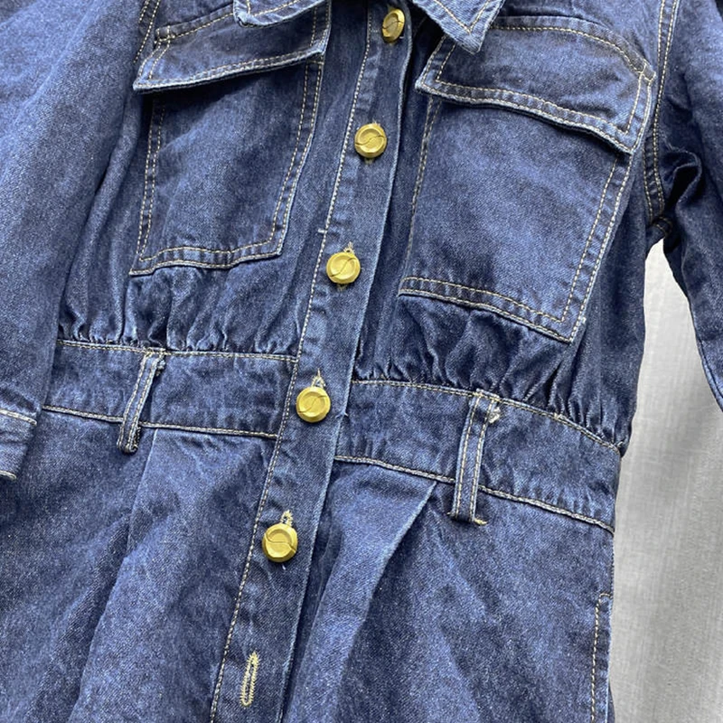 

VGH Vintage Blue Denim Female Jumpsuit Lapel Puff Short Sleeve High-waisted Loose Jumpsuits Women's Clothing Summer 2021 Fashion