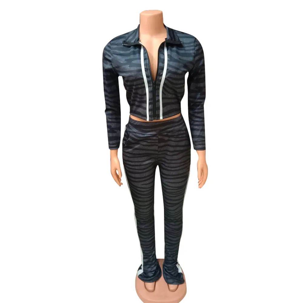 

Women Casual Striped Patchwork 2 Piece Outfits Long Sleeve Zipper Up Slim Crop Top+sporty Jogger Sweatpant Streetwear Tracksuits