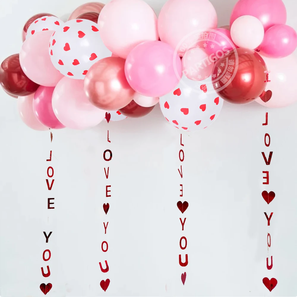 

56pcs Red White Heart Balloon Garland 110cm I Love You Hanging Garland For Wedding Valentines Day Mothers Day Decoration Supplie