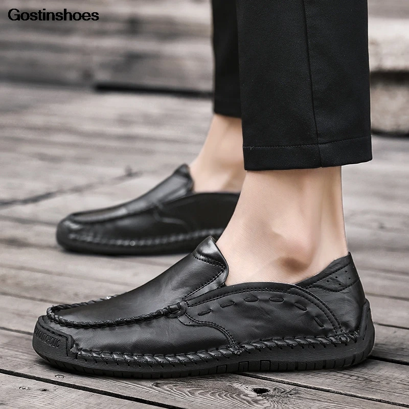 Мужские лоферы повседневная кожаная обувь цвет коричневый черный слипоны из