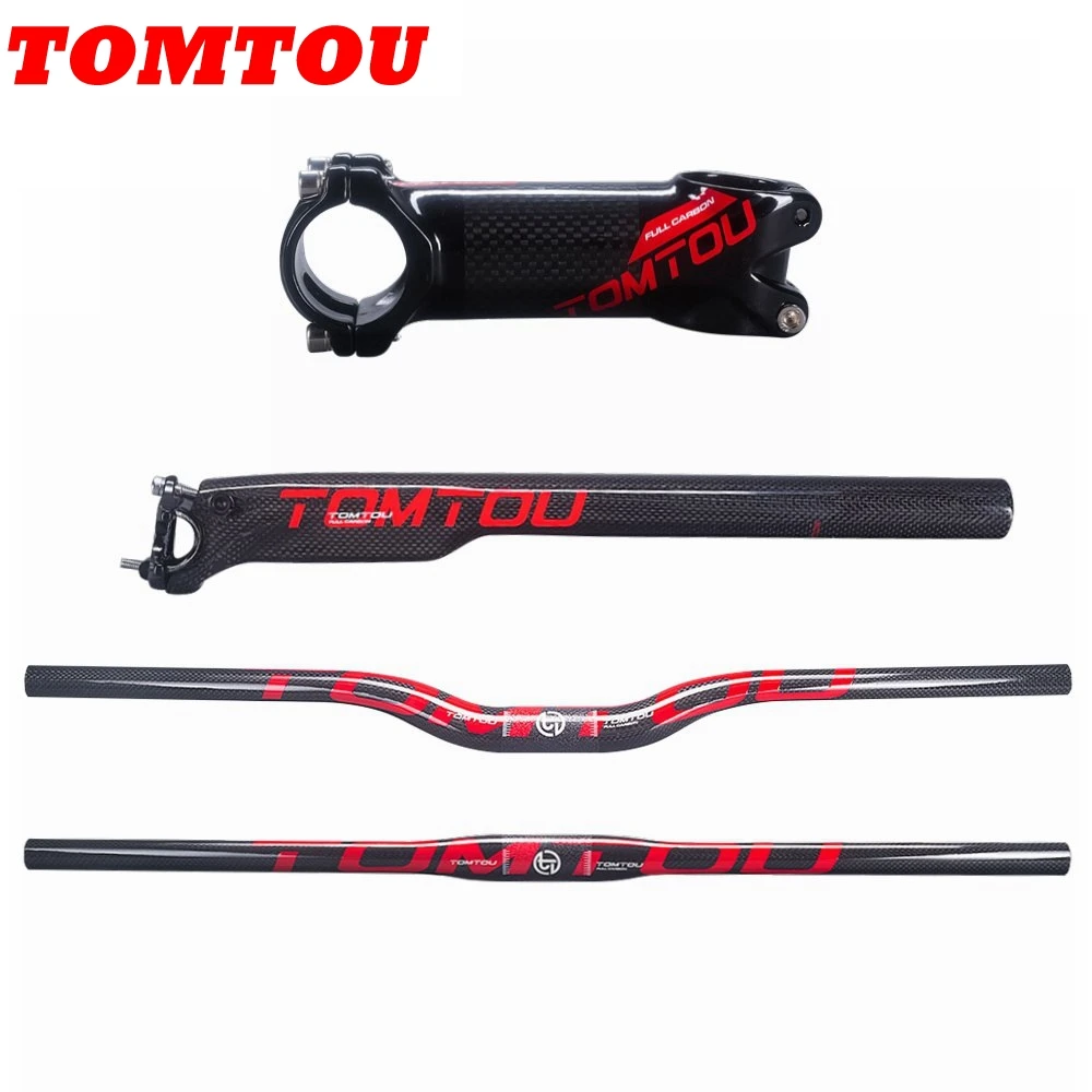 

TOMTOU Red Glossy 3k Carbon Fibre Cycling Mountain Bike Flat/Rise Handlebar + Seat Post + Stem Bicycle MTB Road Parts - TS9T48