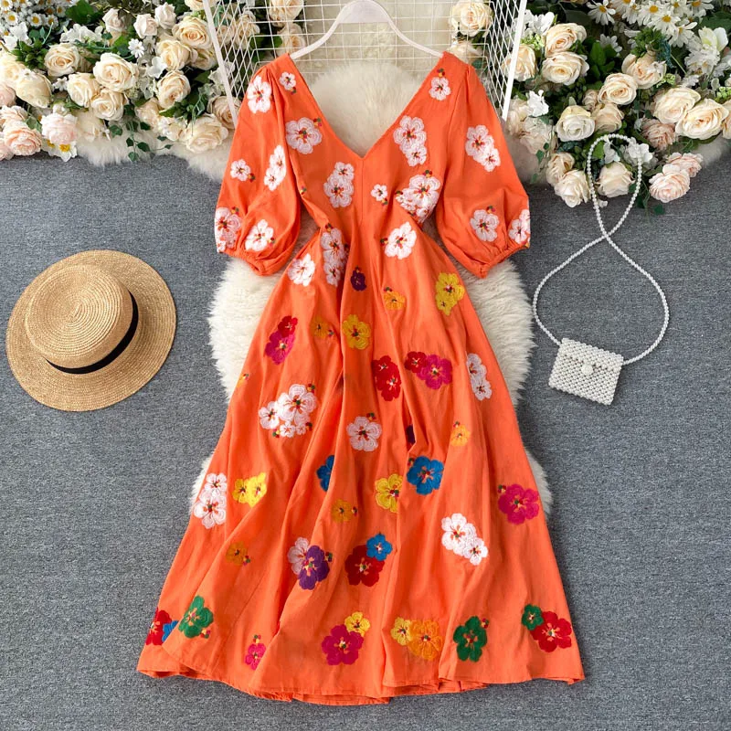 

Sexy A-Line Short Sleeve Vintage Floral Print 2021 Lace Dresses Mesh Boho Summer Solid Elegant Dresses for Women Party V Neck