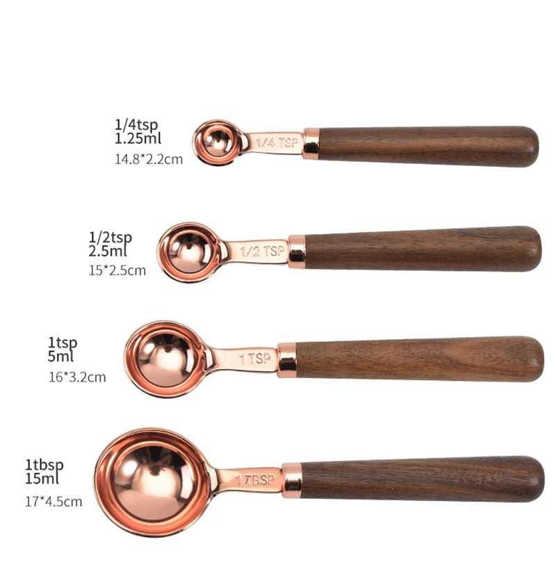 

4Pcs/Set Measuring Cups Spoons Stainless Steel Plated Copper Wooden Handle Cooking Baking Tools Rose Gold Kitchen Accessories
