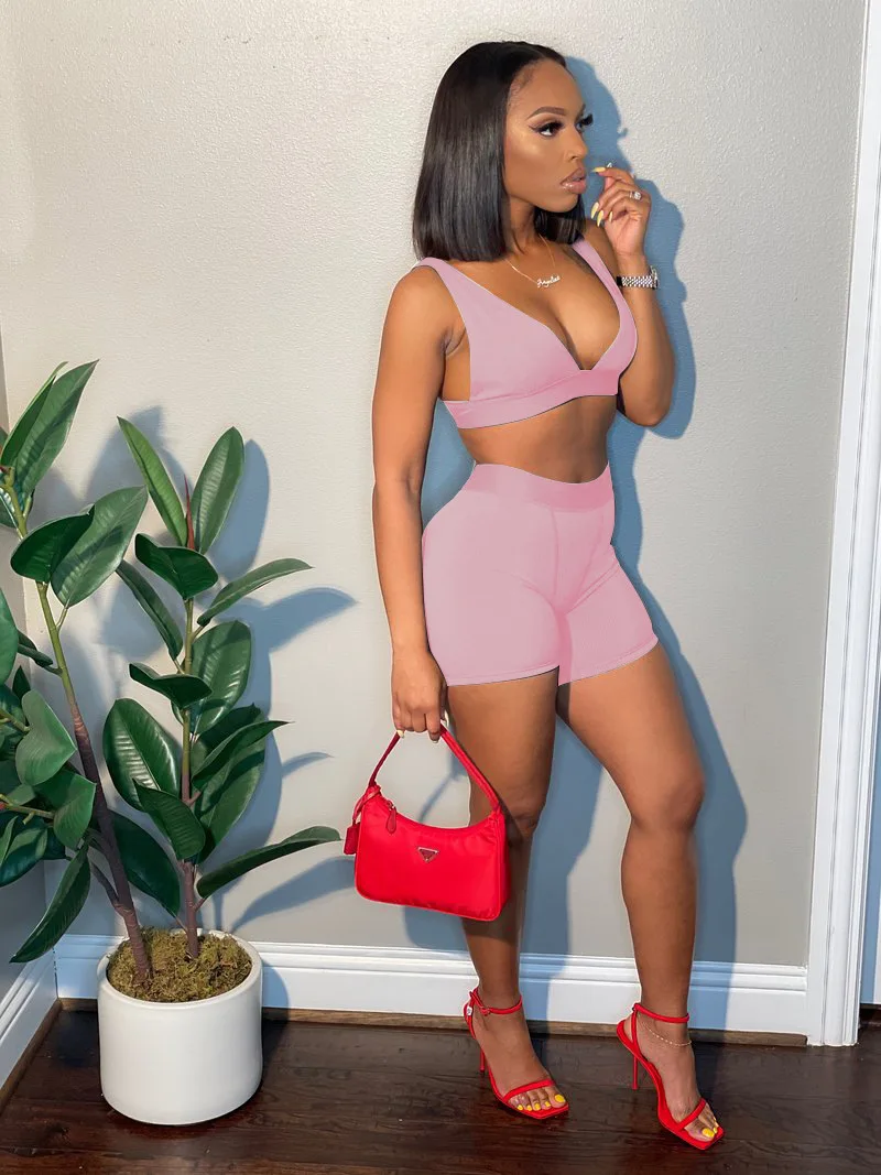 

2021 Summer Two Piece Set Sportsuit Solid Color Streetwear Bra + Short Pants Tracksuit Matching Set Summer Clothes For Women