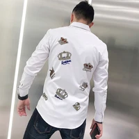 new arrival mens lapel t shirt simple design rhinestone crown black and white solid color hot diamond tops business long sleeve