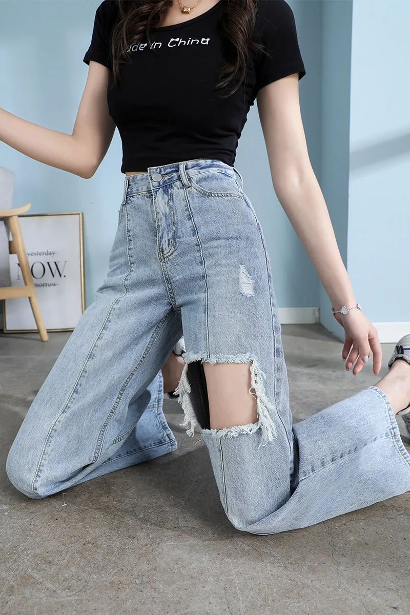 

High Quality Ripped Jeans Women 2021 Summer Loose Light Color Wide Leg Pants