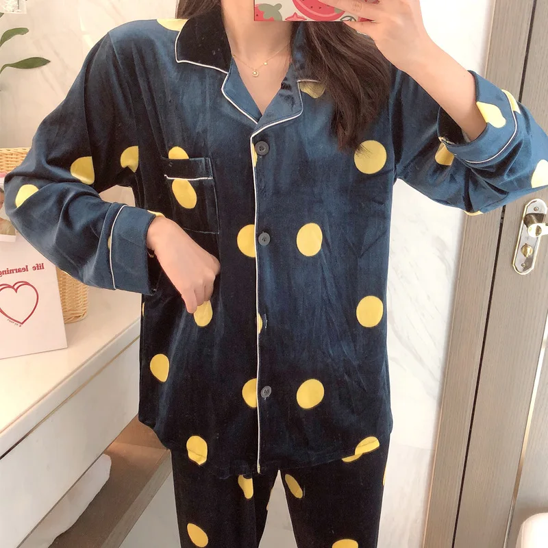 Autumn Winter Women Pyjamas Sets pajamas Sleepwear Suit Thick Warm Gold velvet nightgown Long sleeve casual dot pattern | Женская одежда