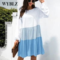 wyblz 2022 spring mini dress women elegant stitching contrast color long sleeve mini dress round neck casual holiday dresses