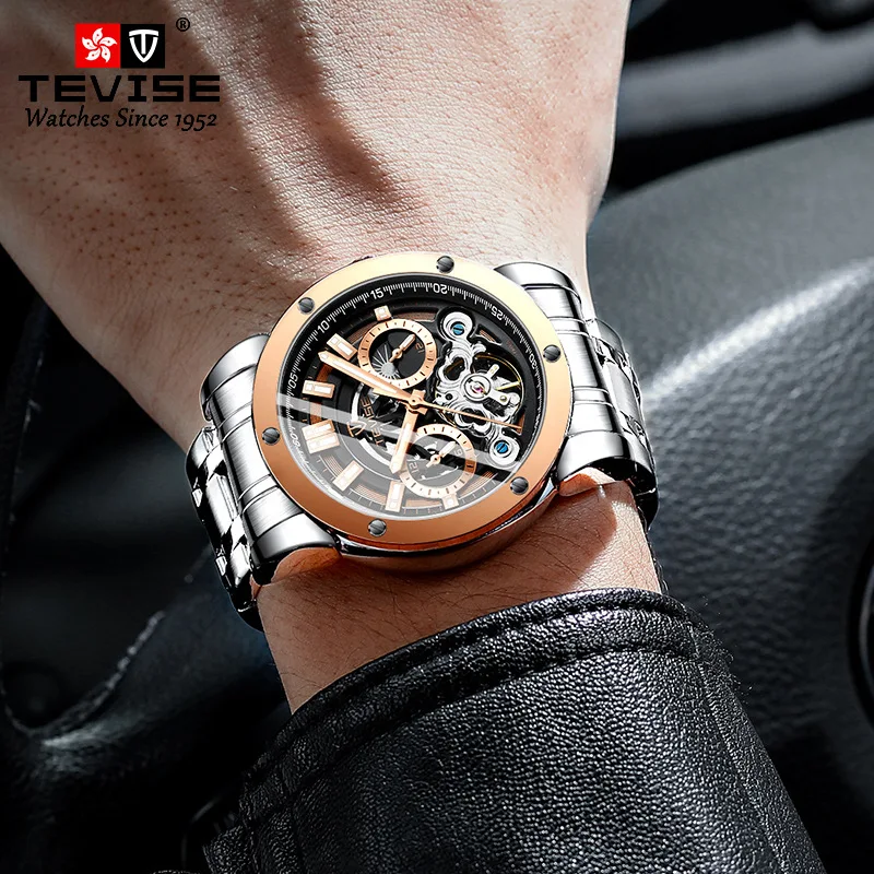 

Luxury Brand Tevise Fashion Casual Self-Winding Mechanical Men's Watch Stainless Steel Tourbillon Moon Phase Watch Relogio