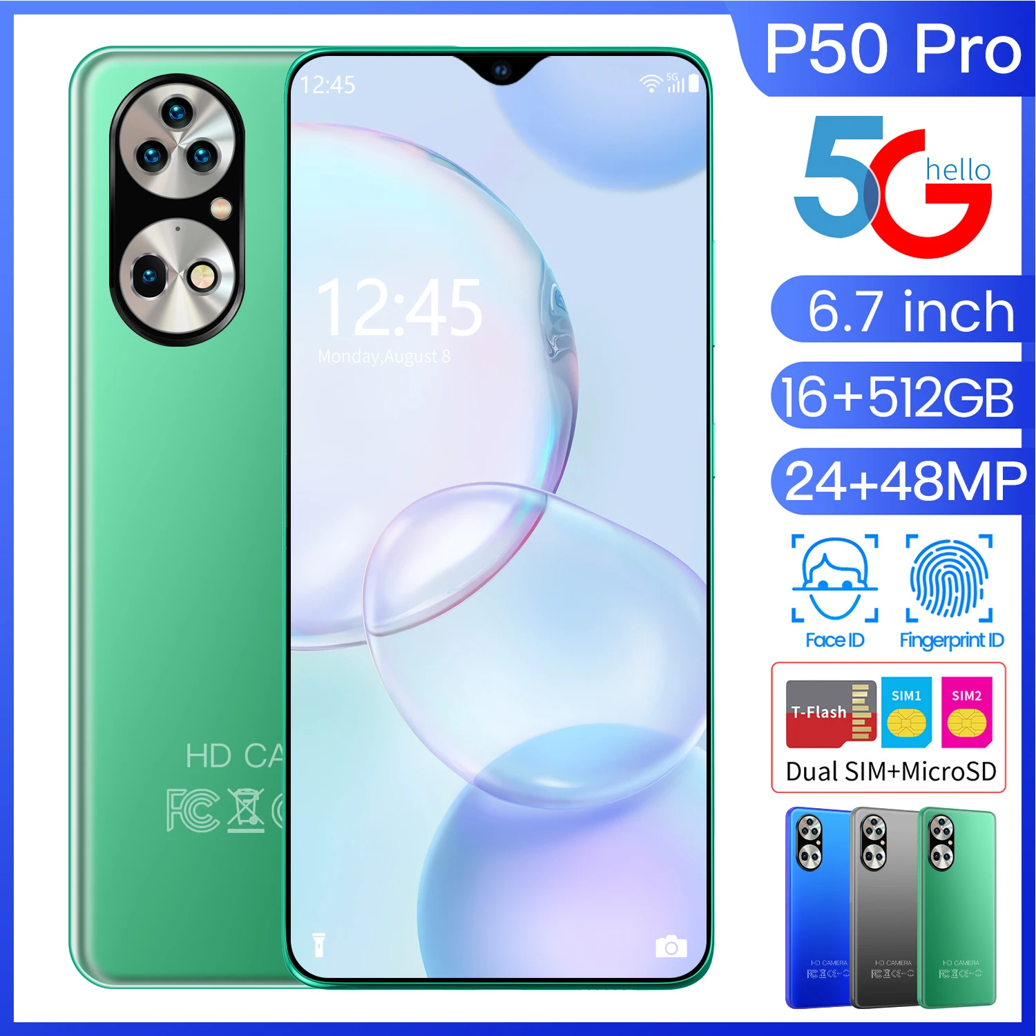 

Global P50 Pro 6.7 Inch HD Screen 16+512G 24MP+48MP Smartphone 5G MT6989 10Core 6000MAH Face Fingerprint ID Dual SIM Micro SD