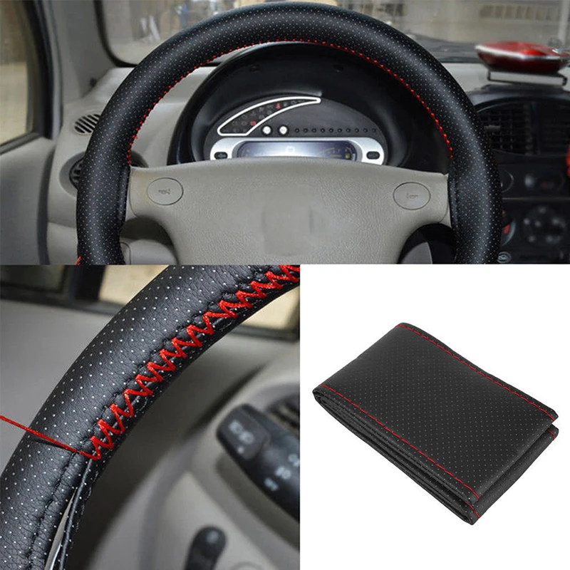 

Black+Red PU Leather DIY Car Steering Wheel Cover 38cm With Needle And Thread