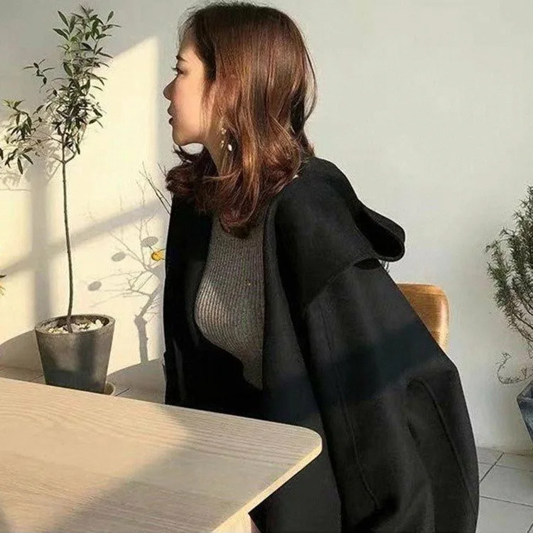 

Double-Sided Cashmere Belt Woolen Overcoat Short-Height French Cape Fairy Case Short Thickened All-Matching Autumn Winter Women