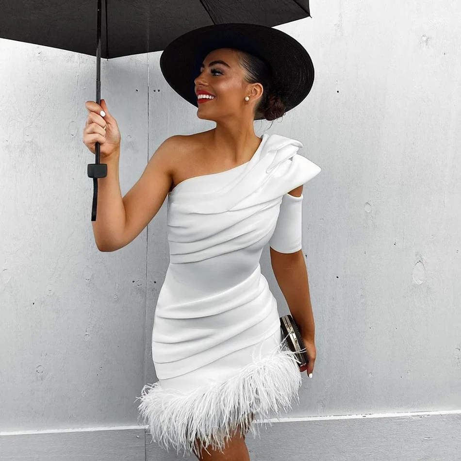 Белое Женское Бандажное платье сексуальное на одно плечо короткий рукав