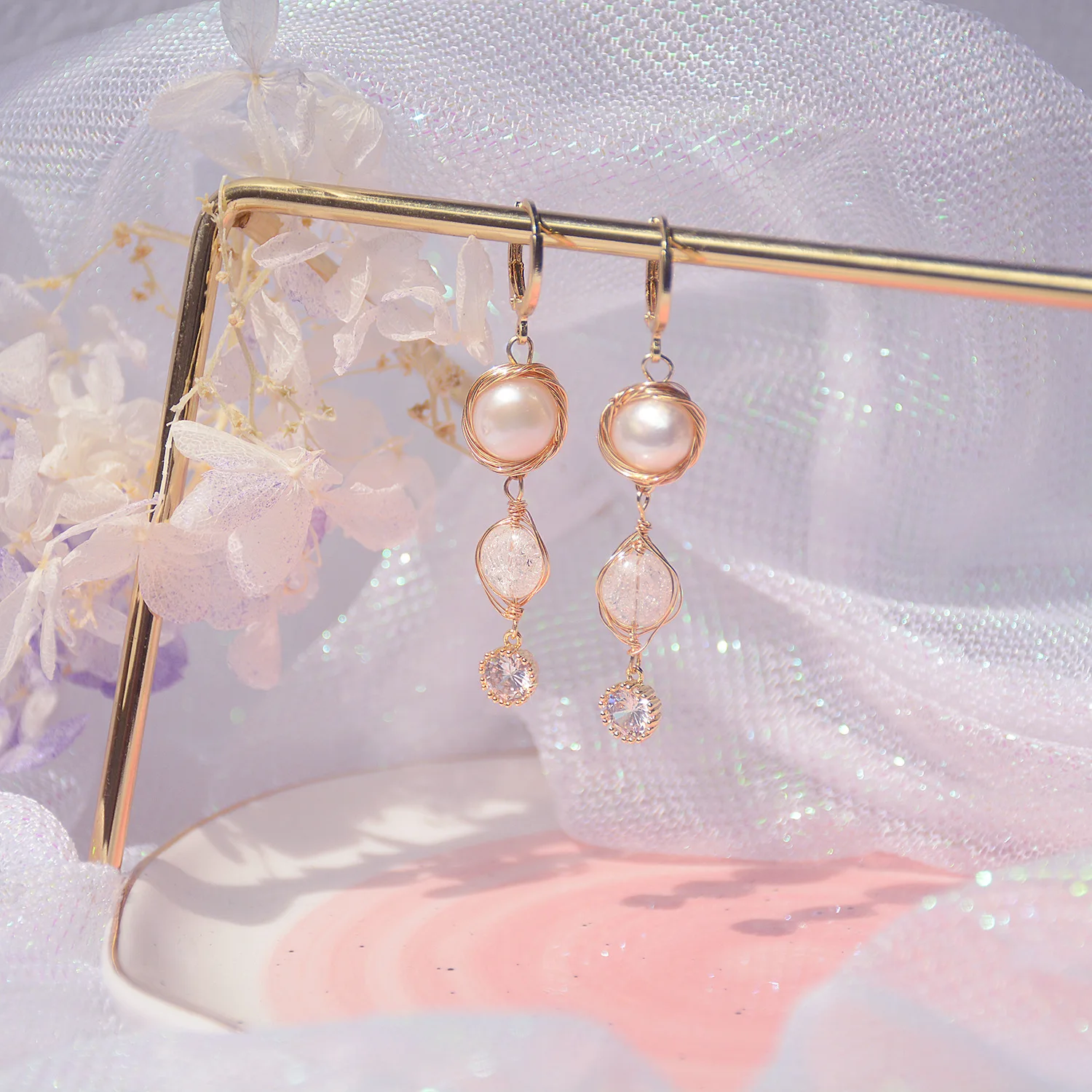 

High Quality 14K Real Gold Long Water Drop Zircon Sparkling Natural Freshwater Pearl Temperament Stud Earrings for Women