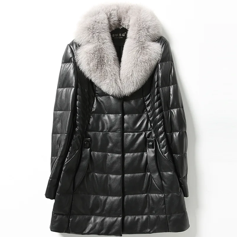 

Winter Black Warm Sheepskin Medium Length Fox Hair Collar Pockets Jackets High Quality Large 6xl Thick Women Leather Down Coat