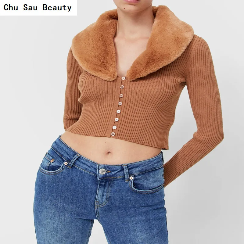 

Chu Sau Beauty New Women Fur Collar Knitted Cardigan Tops Winter Leisure Fashion All-Match Soft Slim Long-Sleeved Sweater