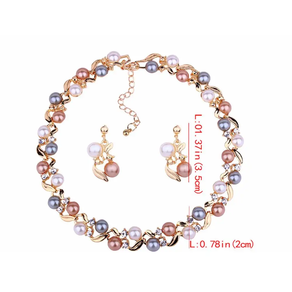 

Elegant Women Faux Pearl Rhinestone Necklace Ear Stud Earrings Party Jewelry Set