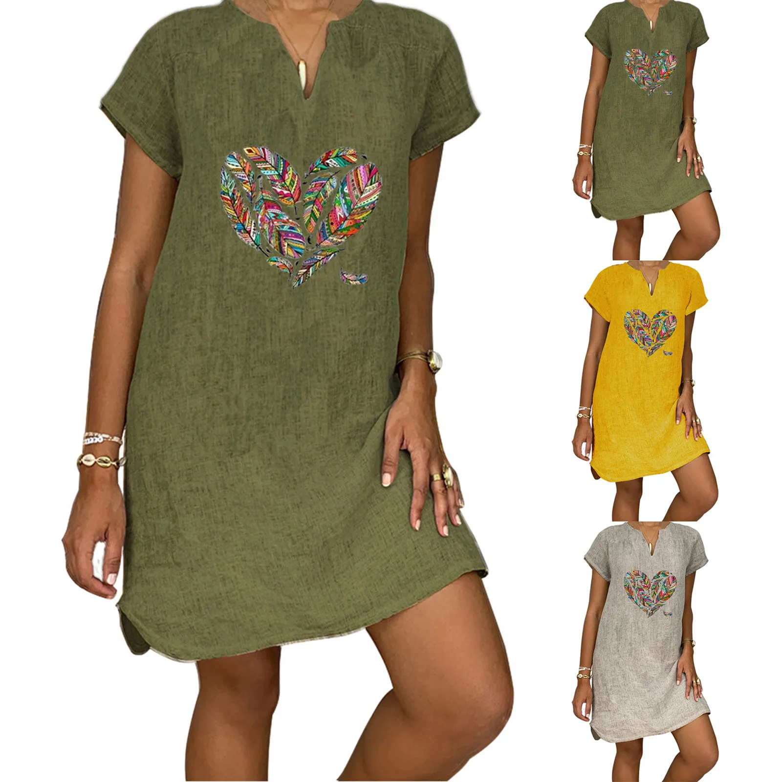 

Women Short Sleeve V-Neck Casual Hot Vacation Printing Mini Shift Dress Lady plus size cotton and linen straight dress vestidos