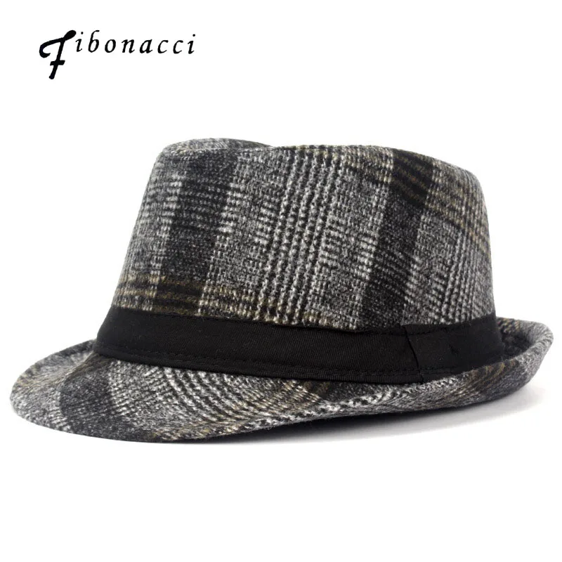 

Fibonacci Hat Vintage Black Plaid Felt Wide Brim Fedora Hats For Men Gangster Trilby Hat Autumn Winter Panama Jazz Cap Chapeau