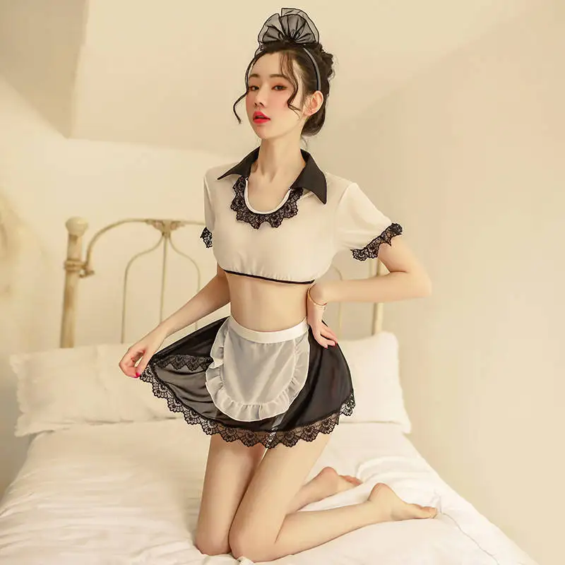 

2020 Five Piece Sexy Classic U-Shaped Lapel Lace Chiffon Short Top See-Through Maid Uniform Cute Apron Bow Set Teasing Passion