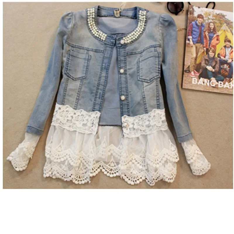 

Beading Cardigan Denim Jacket Women Coat Street Fashion Lace Patchwork Faux Two Piece Jackets Office Chaqueta vaquera para mujer