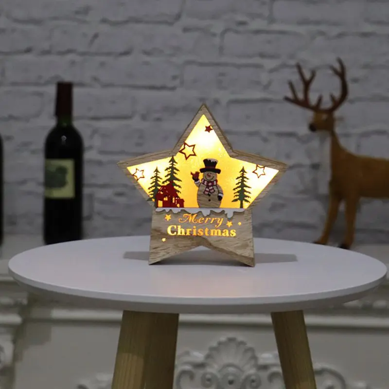 Lighting Christmas Wooden Ornament LED Stars Shape Santa Claus Deer Decor Lamp Xmas Gift