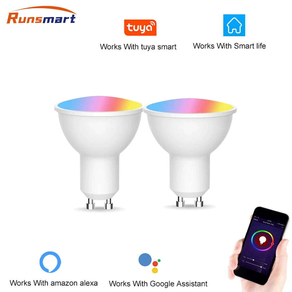 

Умный светильник Gu10 RGB с регулировкой яркости, светодиодная лампа с голосовым управлением, работает с Tuta Smart Life Alexa Google Home, 2 шт., 4 Вт, Wi-Fi