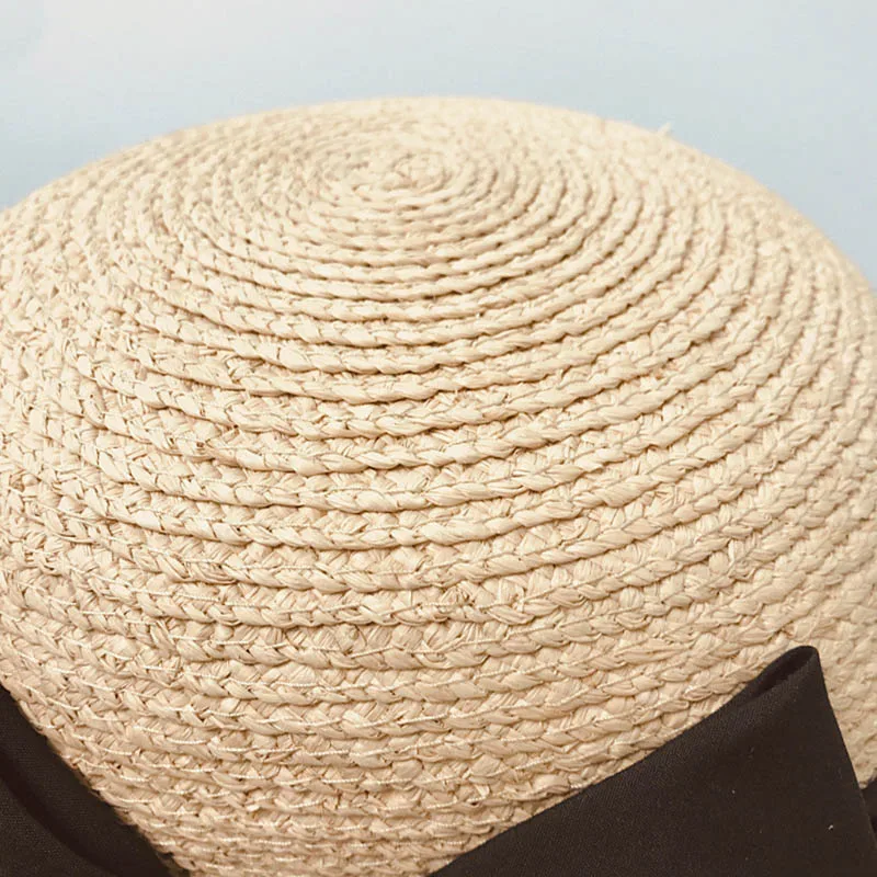 

New Women Elegant Pearls Bowknot Baseball Cap Ladies Sun Visor Cap Braid Raffia Hats UPF50 Foldable Beach Straw Cap Equestrian