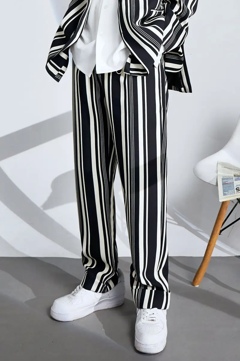 

IEFB 2021 Spring Summer Ins Straight Suit Pants Loose Black White Stripe Show Thin Casual Floor Mop Business Pants 9Y6279