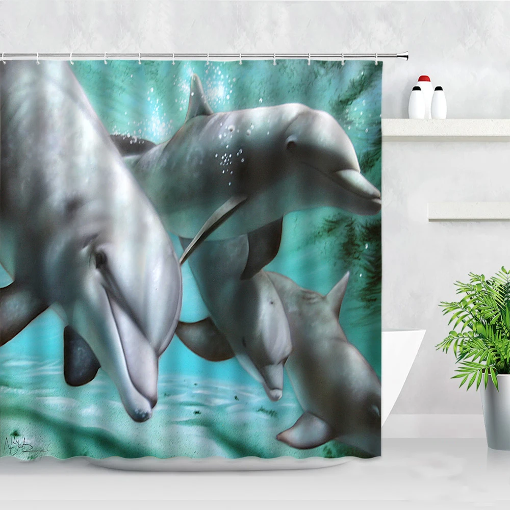 Dolphin Ocean Landscape Shower Curtains Sunset Sea Waves Shark Fish Marine Animals Decor Bathroom Waterproof Bath Curtain Hooks | Дом и сад