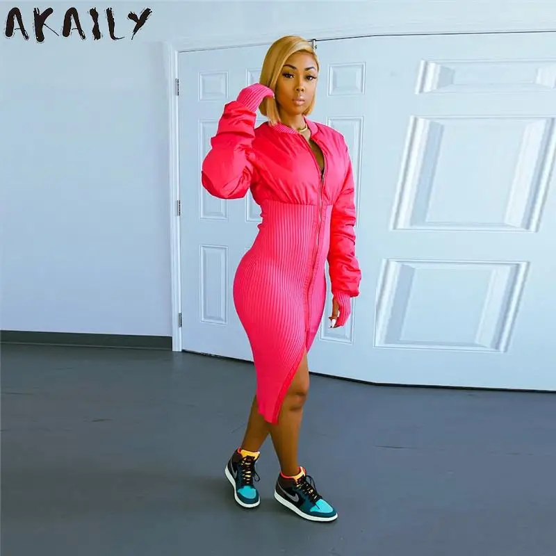 

Осеннее длинное платье Akaily на молнии для женщин, модель 2021 года, платье средней длины с круглым вырезом и рюшами, женская уличная одежда