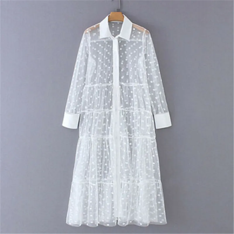 2019 прозрачное женское Сетчатое платье в горошек модное рубашка с длинным рукавом