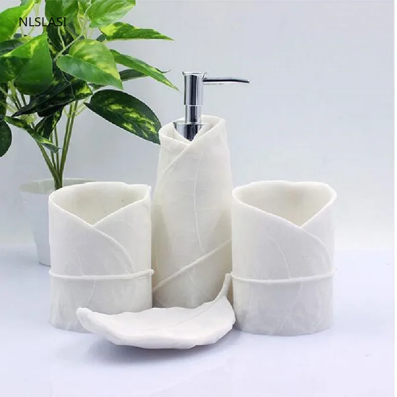 

Creative Leaf Shape Resin Bathroom Set Soap Dish Lotion Bottle Mouth Cup Toothbrush Holder Household Wash Set Ornaments