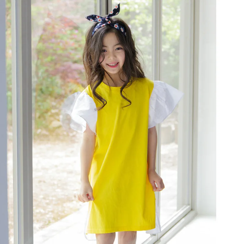

4 To 14 Years,2021 New Summer Girls Cotton T-shirt Dress Girls Dress Flare Sleeve Children Patchwork Dress Toddler Clothes,#2679