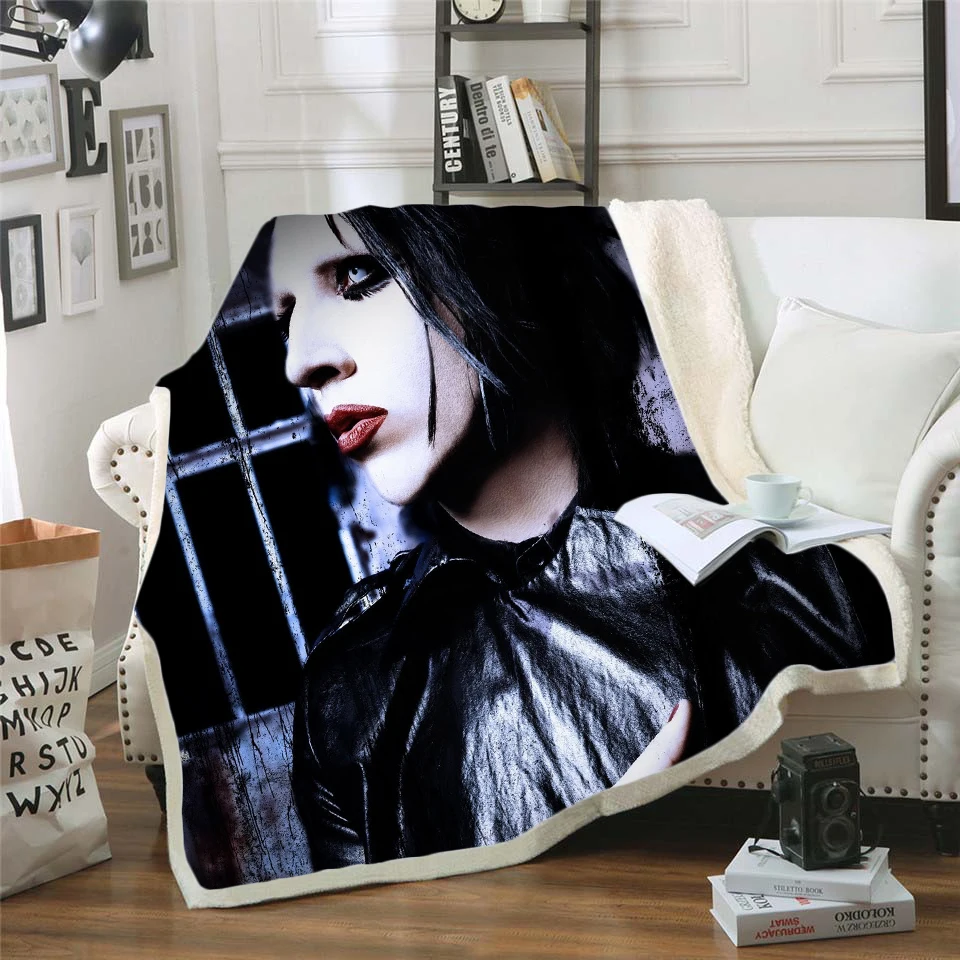 

Singer Marilyn Manson 3D Sherpa Blanket Velvet Plush Throw Fleece Blanket Bedspread Couch Sofa Quilt Cover Travel Bedding 02