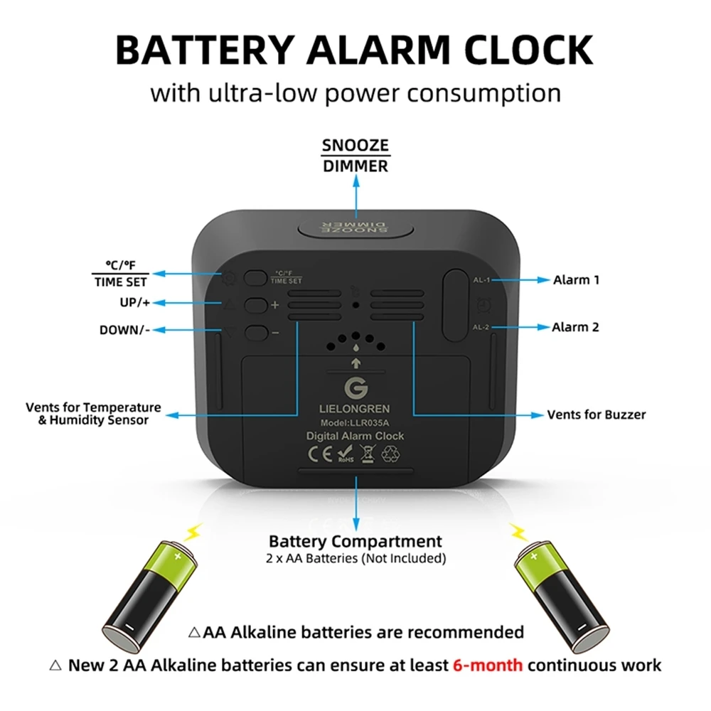 Светодиодный цифровой будильник для спальни с питанием от батарейки двойной