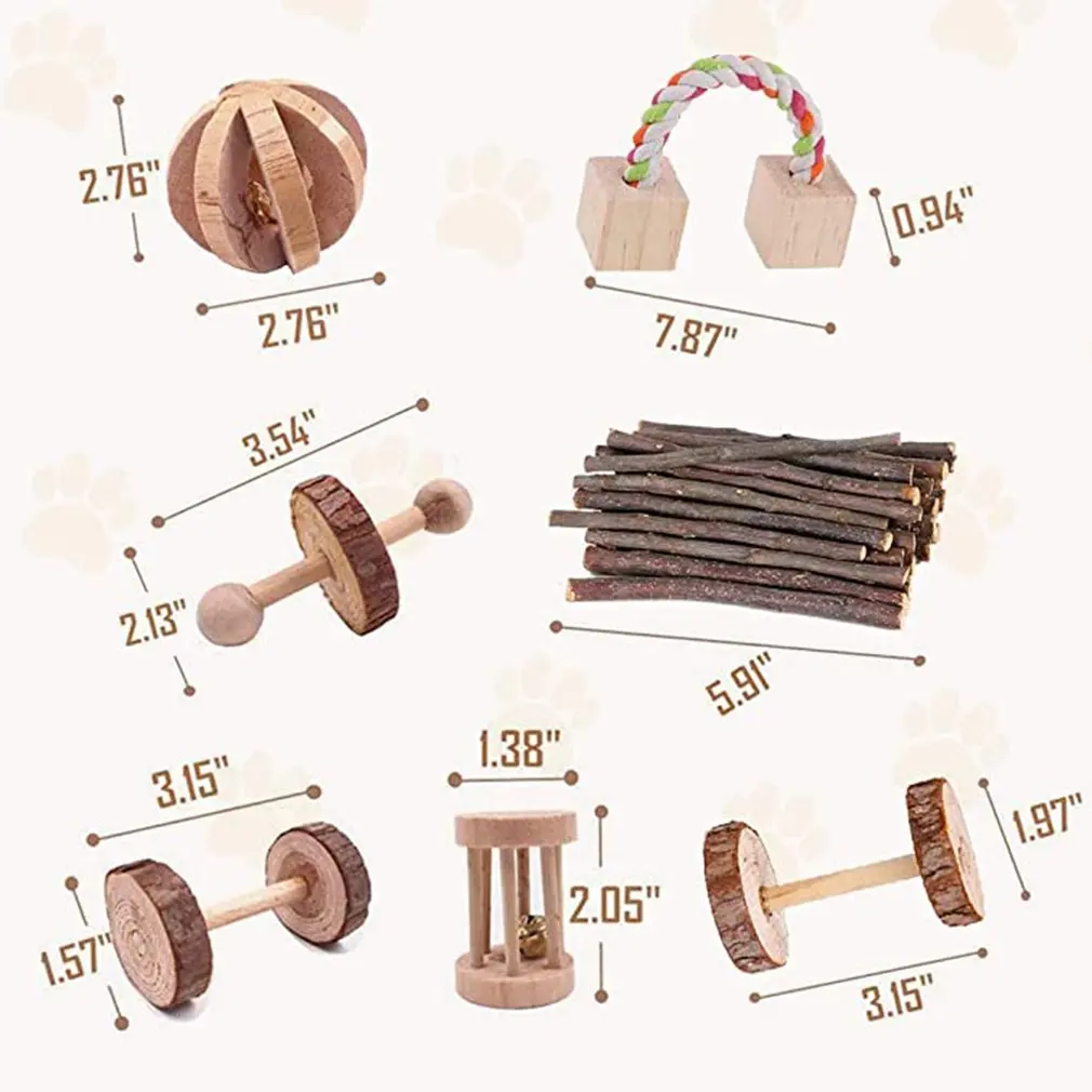 

Hamster Chew Toys, 7 Pack Natural Wooden Pine Guinea Pigs Rats Chinchillas Toys Accessories Dumbells Exercise Bell Roller Tee