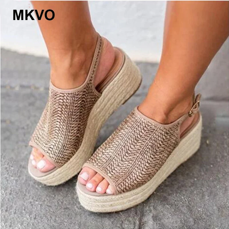 Женские сандалии с открытым носком льняные Босоножки на платформе и высоком