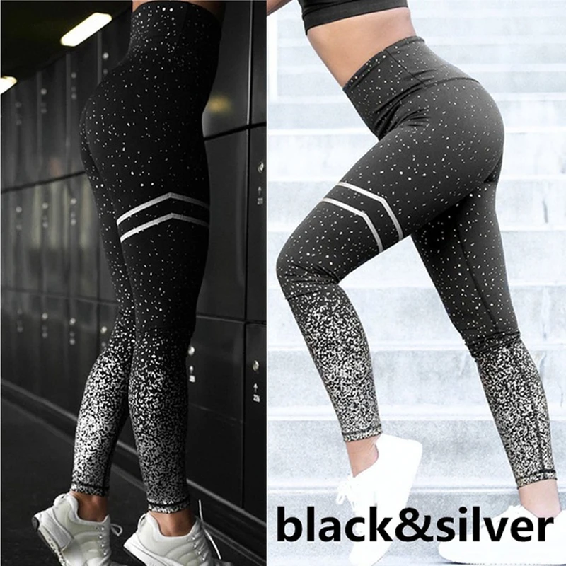 black-silver Леггинсы для тренировок с высокой талией, колготки для спортзала с эффектом пуш-ап, женские бесшовные легинсы с принтом, штаны для йоги, штаны для фитнеса, контроль живота, спортивные брюки - Цвет: black-silver