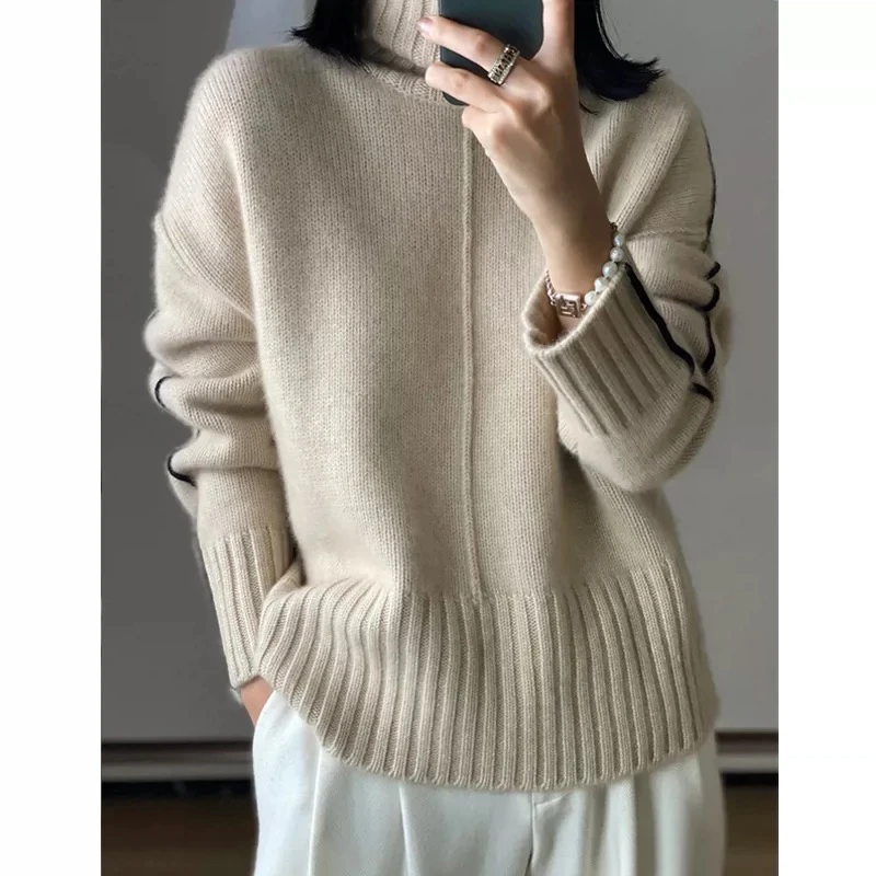 Pullover turtleneck cashmere sweater new 21 ladies long-sleeved loose and comfortable 100% pure wool sweater knit solid color