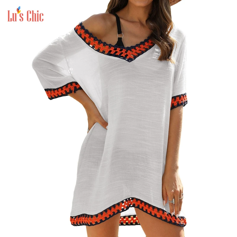 

Женское вязаное пляжное платье Lu's Chic, мягкий свободный купальник с V-образным вырезом и коротким рукавом, легкое пляжное платье