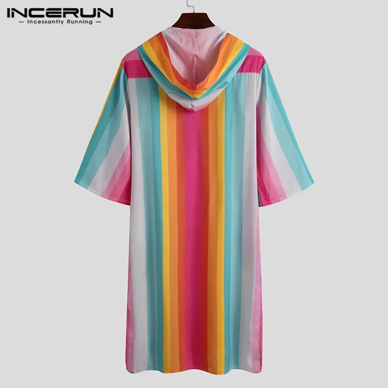 

Men Sleep Robes 3/4 Sleeve Hooded Nightgown Male Fashion Colorful Striped Bathrobes Loose Hem Splitting Sleepwear S-5XL INCERUN
