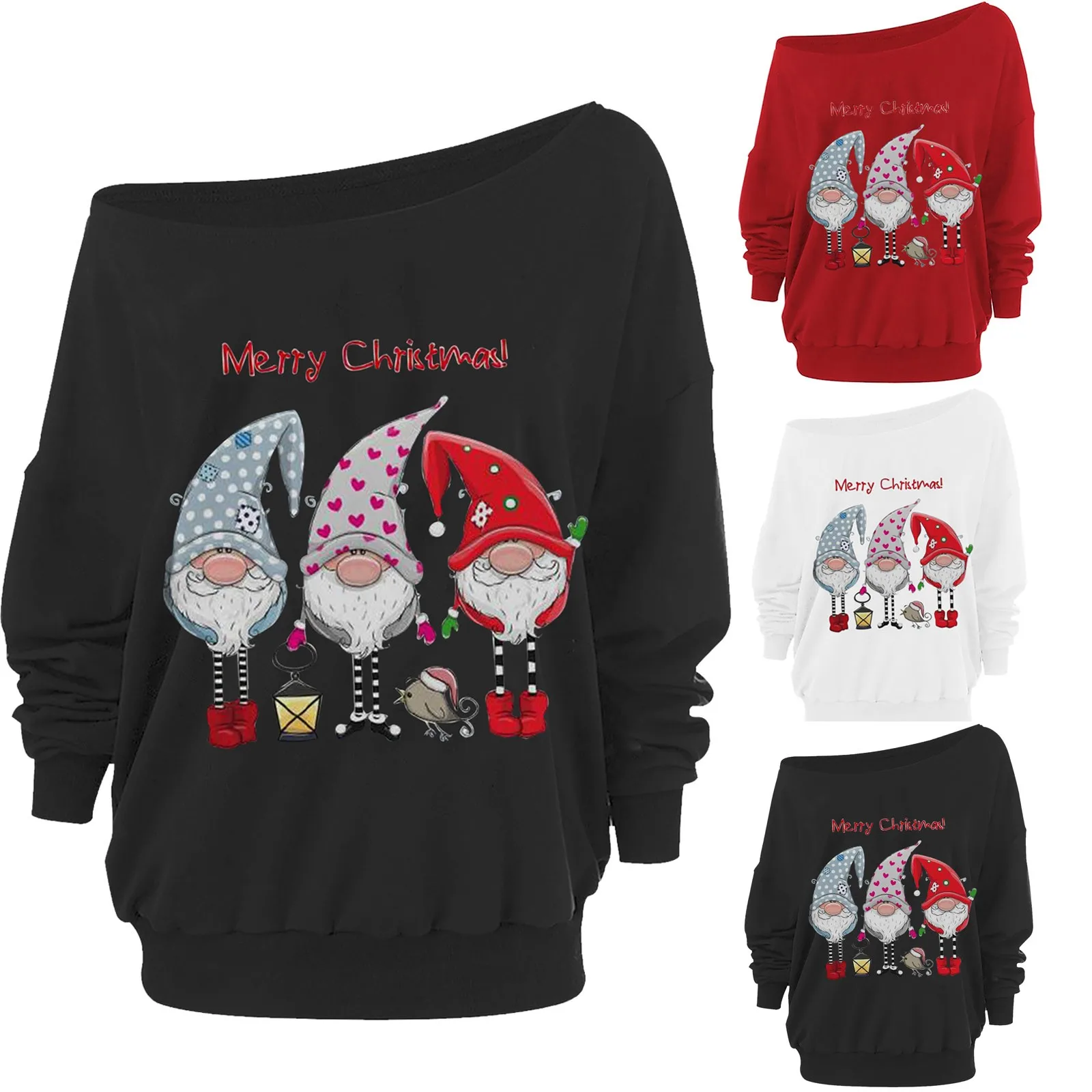 2021 Sweatshirt Christmas 3 Dwarf Elk Prints Women Fashion Solid Color Long Sleeve Diagonal Collar T-shirt Top Bluza Felpa #dz