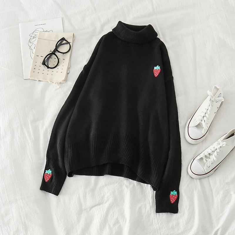 Black sweater Kawaii, клубника, водолазка, Женский вязаный свитер, Милая Вышивка, высокая горловина, трикотаж, милый, на год, Pull Femme, джемпер, красный, Корея - Цвет: Black sweater