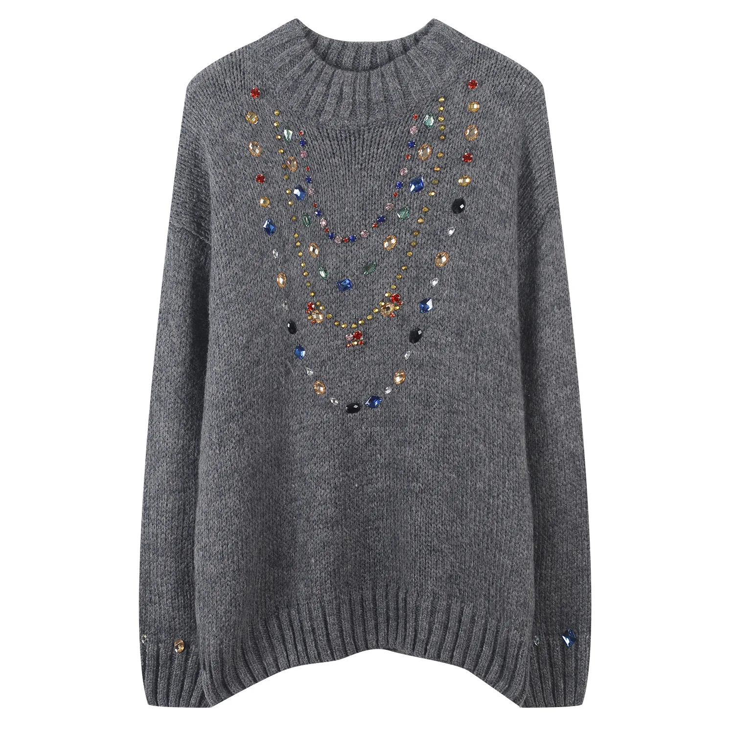 

Oversized Sweater Women Loose Pullover 2020 Autumn Winter Thick Sweater Color Gemstone Necklace Beaded Sweater Jumpers